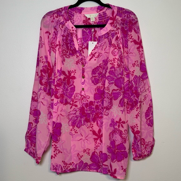 Lilly Pulitzer Elsa Silk Top Parigi Pink Supporting Squad Long Sleeve XXL NWT - Picture 4 of 15